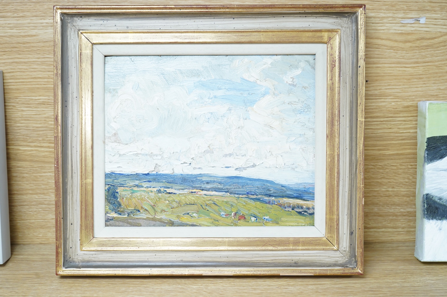 Mark Senior (1864-1927), Landscape, unsigned, label verso, impasto oil on board (paint flaking), 20 x 25cm